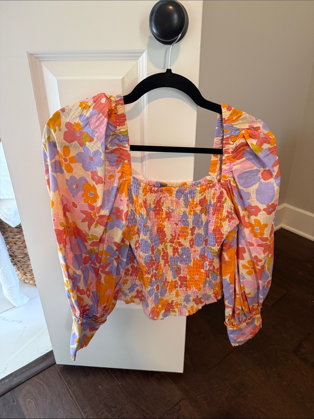 Free People Floral Smocked Puff Sleeve Top - Pink Orange Lavender